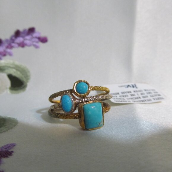 Tehya Oyama Sleeping Beauty & Kingman Turquoise 18K Gold & S over Brass 3 Rings - Picture 7 of 15